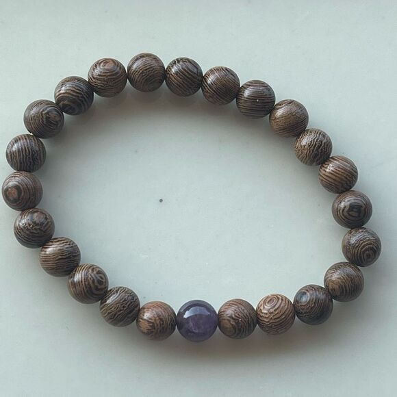 Sandalwood amethyst beaded bracelet ONE NEW stretch reiki meditation yoga - Picture 10 of 11